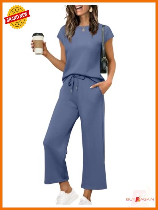 Pants - Two Piece Lounge Set Cap Sleeve Wide Leg Crop Pants
